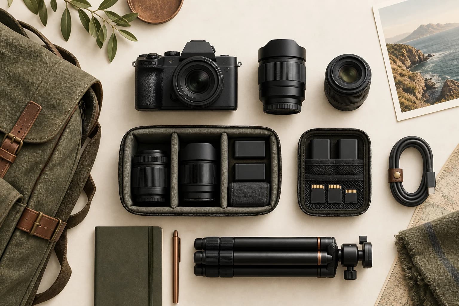 Camera body, lenses, folded tripod, memory cards, batteries and cables arranged beside an olive travel bag