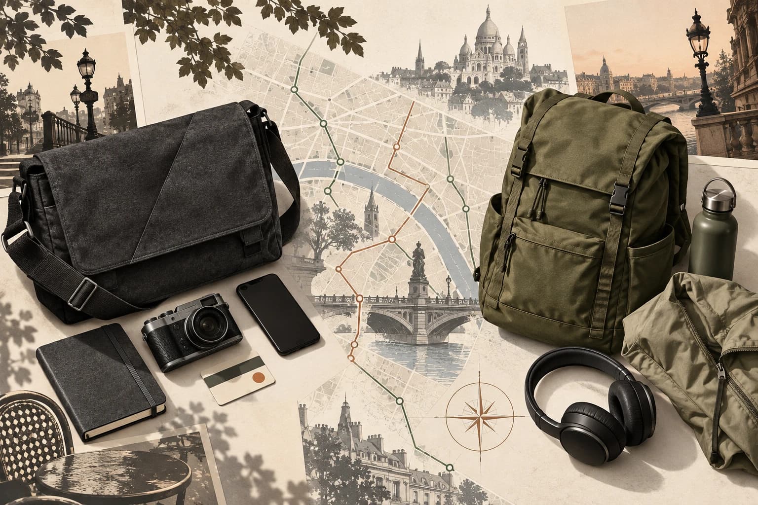 Charcoal messenger bag and olive backpack arranged over a city map with a camera, phone, notebook, headphones and light jacket