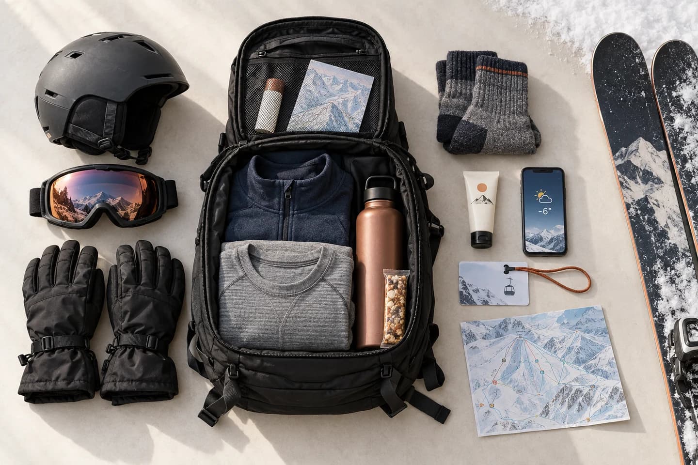 A first ski trip packing layout with a helmet, goggles, gloves, thermal layers, daypack, water bottle, sunscreen, resort map and skis