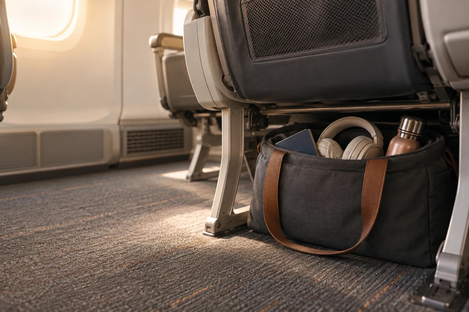 Generic unbranded soft tote with cabin essentials beneath an airplane seat