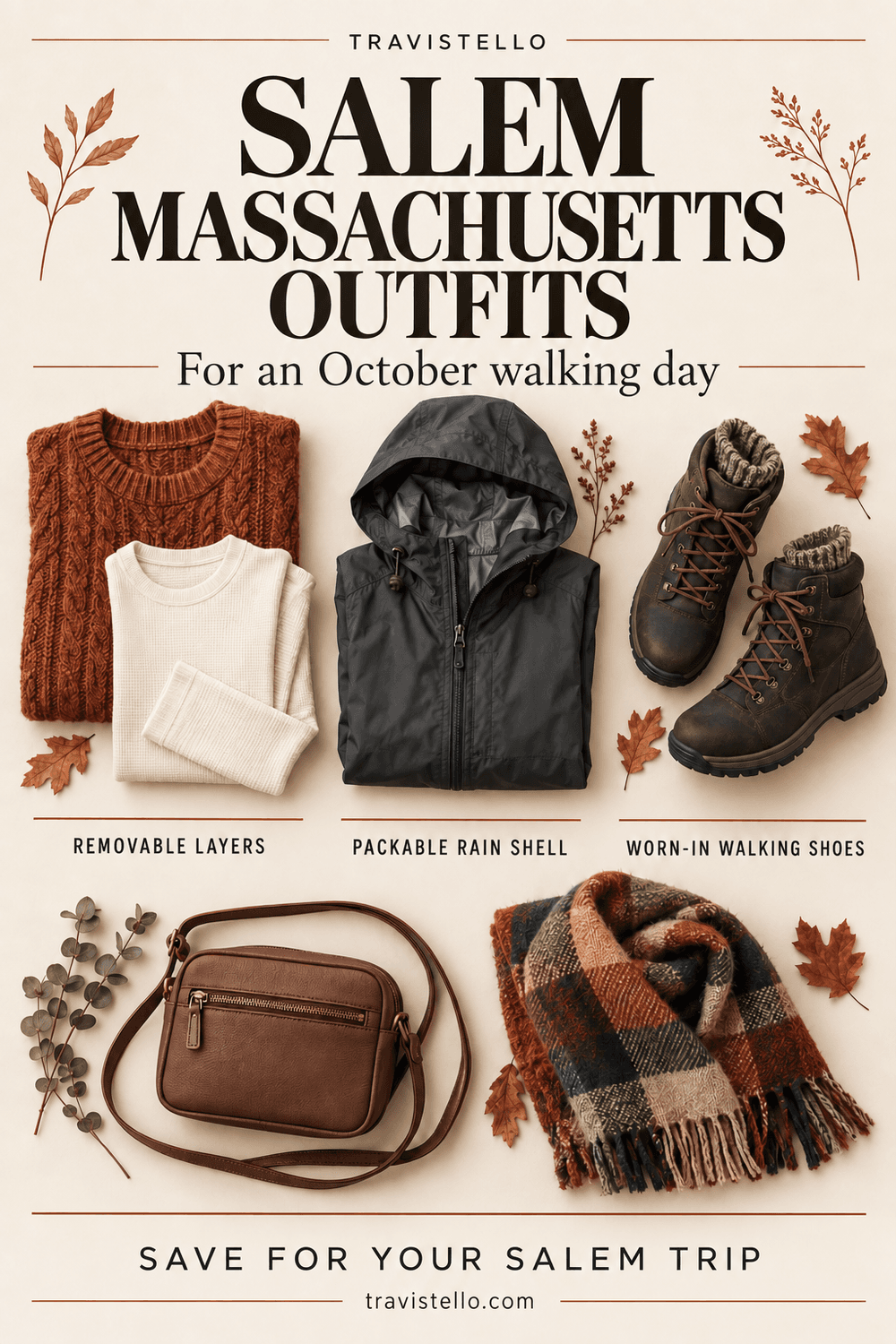Salem Massachusetts October walking outfit checklist with layers, rain shell, walking boots, a small bag and scarf
