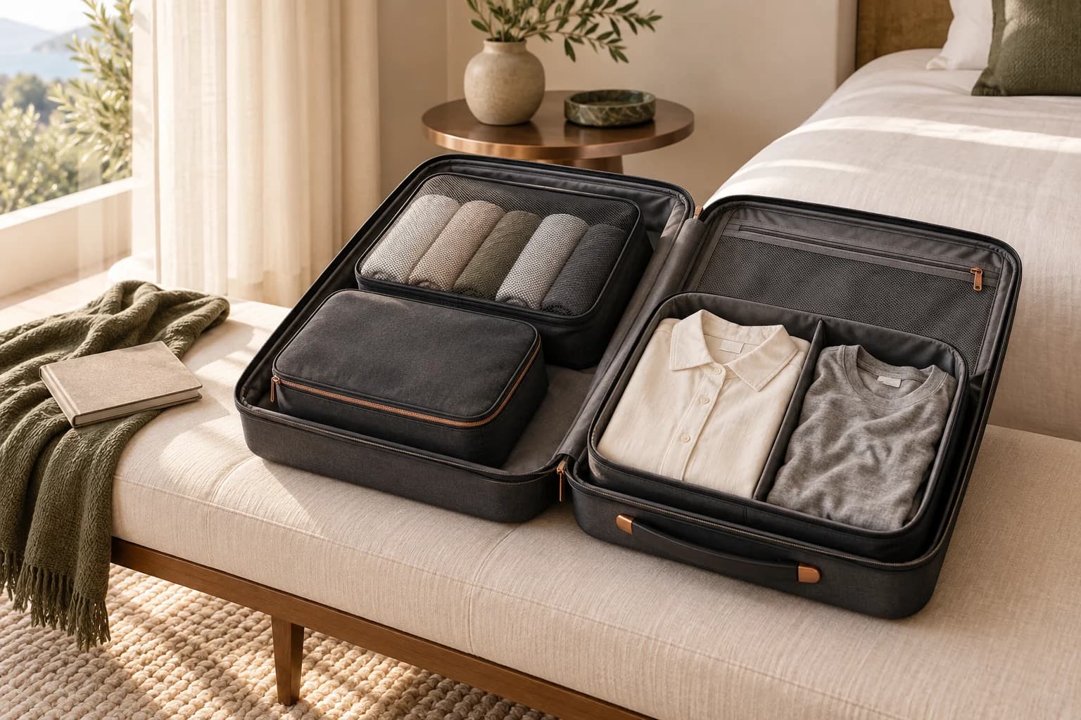 Conceptual carry-on suitcase with generic mesh, compression and divided clothing organizers on a hotel-room bench