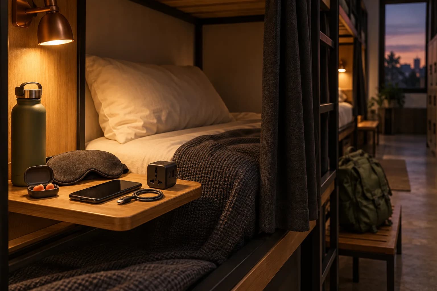 Conceptual hostel bedside shelf with a generic sleep mask, earplugs, phone, cable, adapter and water bottle beside an empty bunk