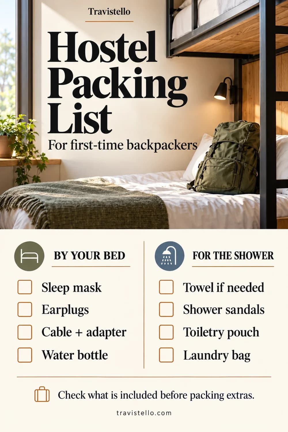 Hostel packing list for first-time backpackers with bedside and shower checklists