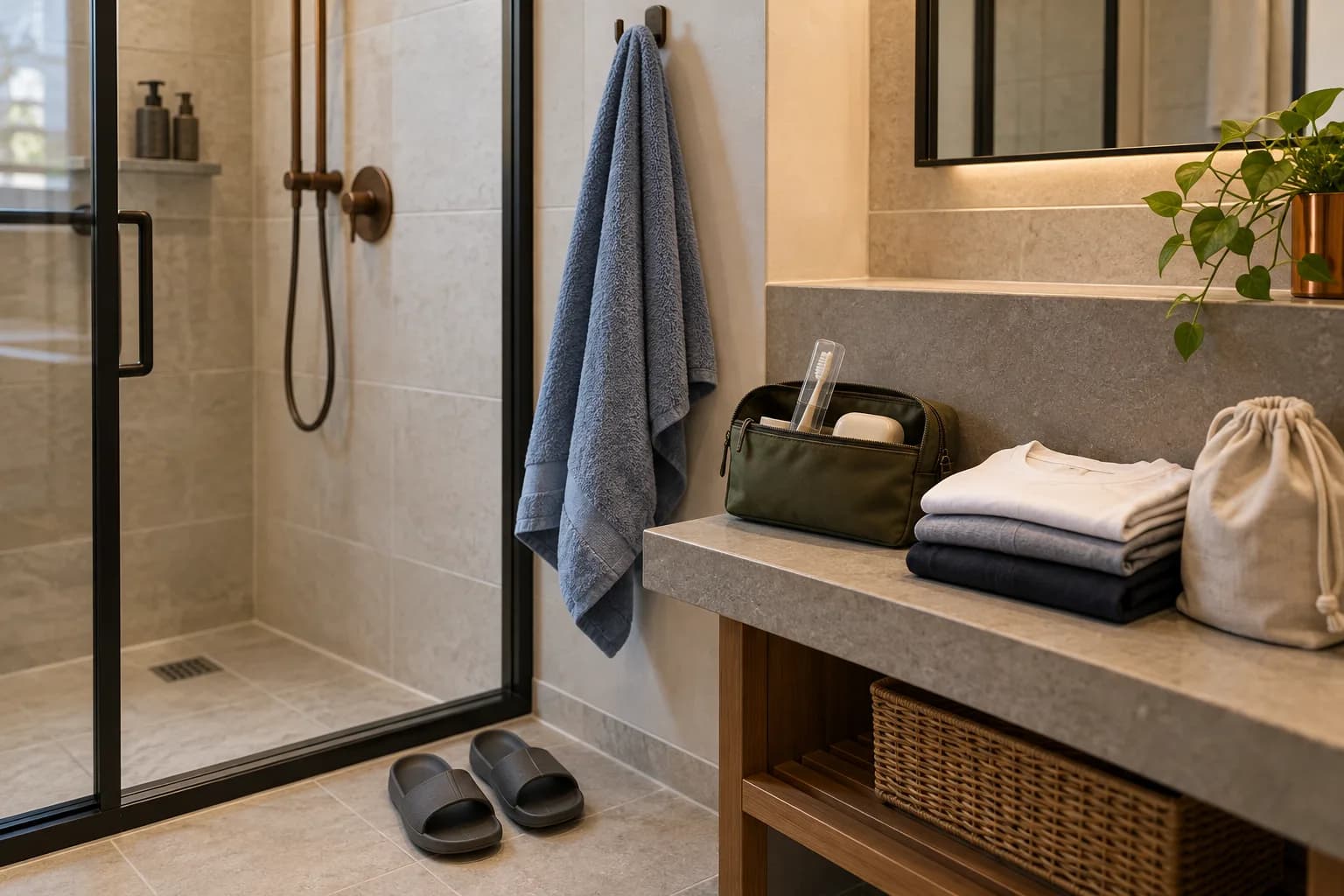 Conceptual shared-bathroom kit with an open towel on a hook, shower sandals, toiletry pouch and clean clothes on a shelf