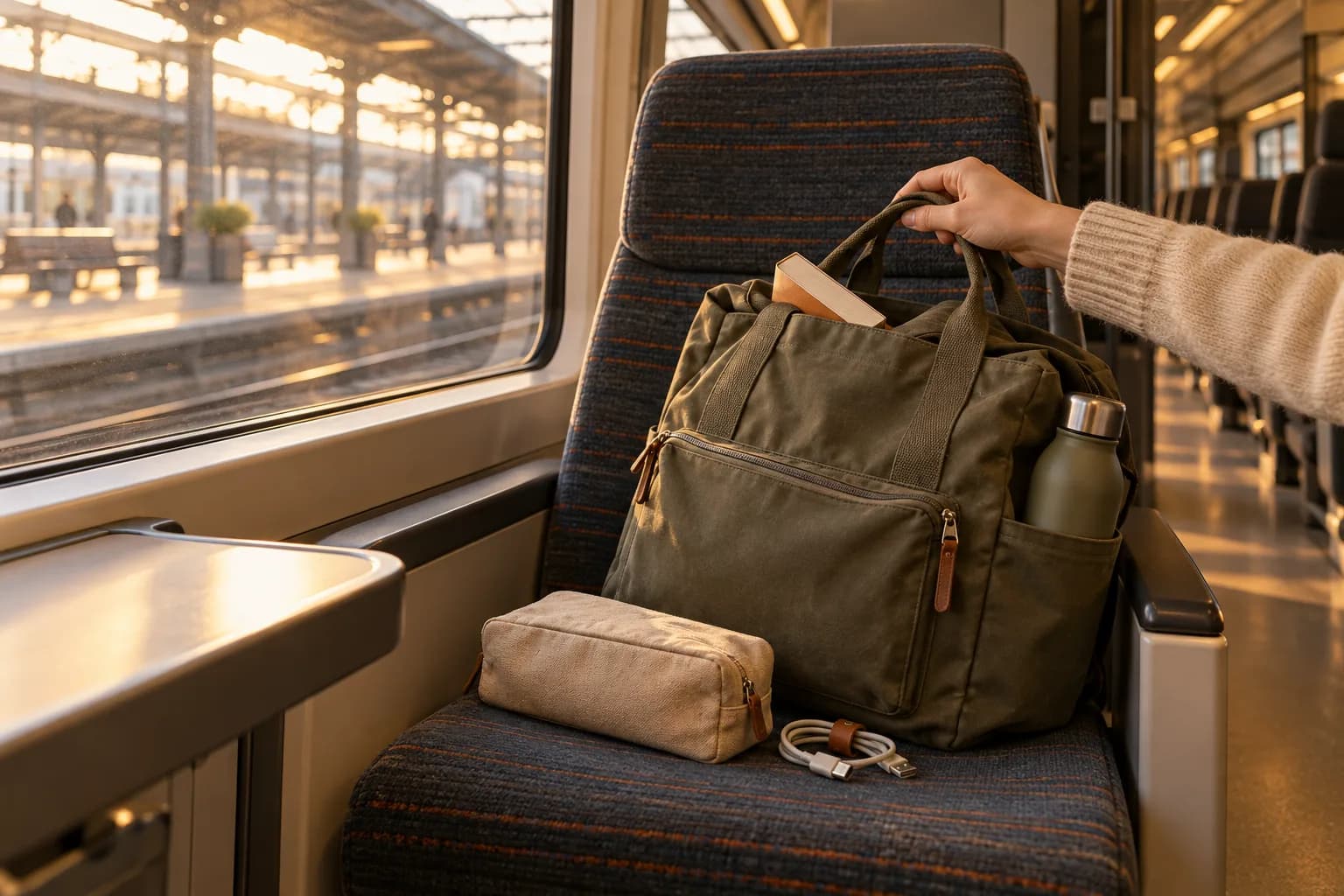 Conceptual rail arrival scene with a hand collecting a day bag, book, closed pouch and short cable beside a station window