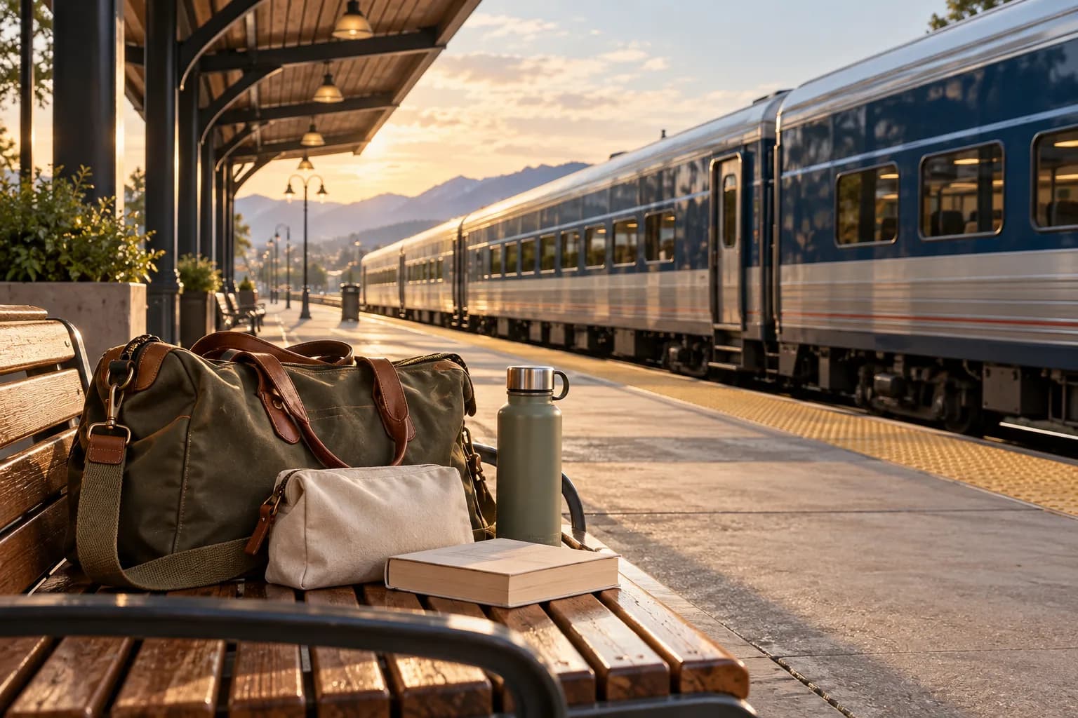 Conceptual unbranded passenger train at an imagined station beside a bench holding a plain day bag, pouch, book and water bottle
