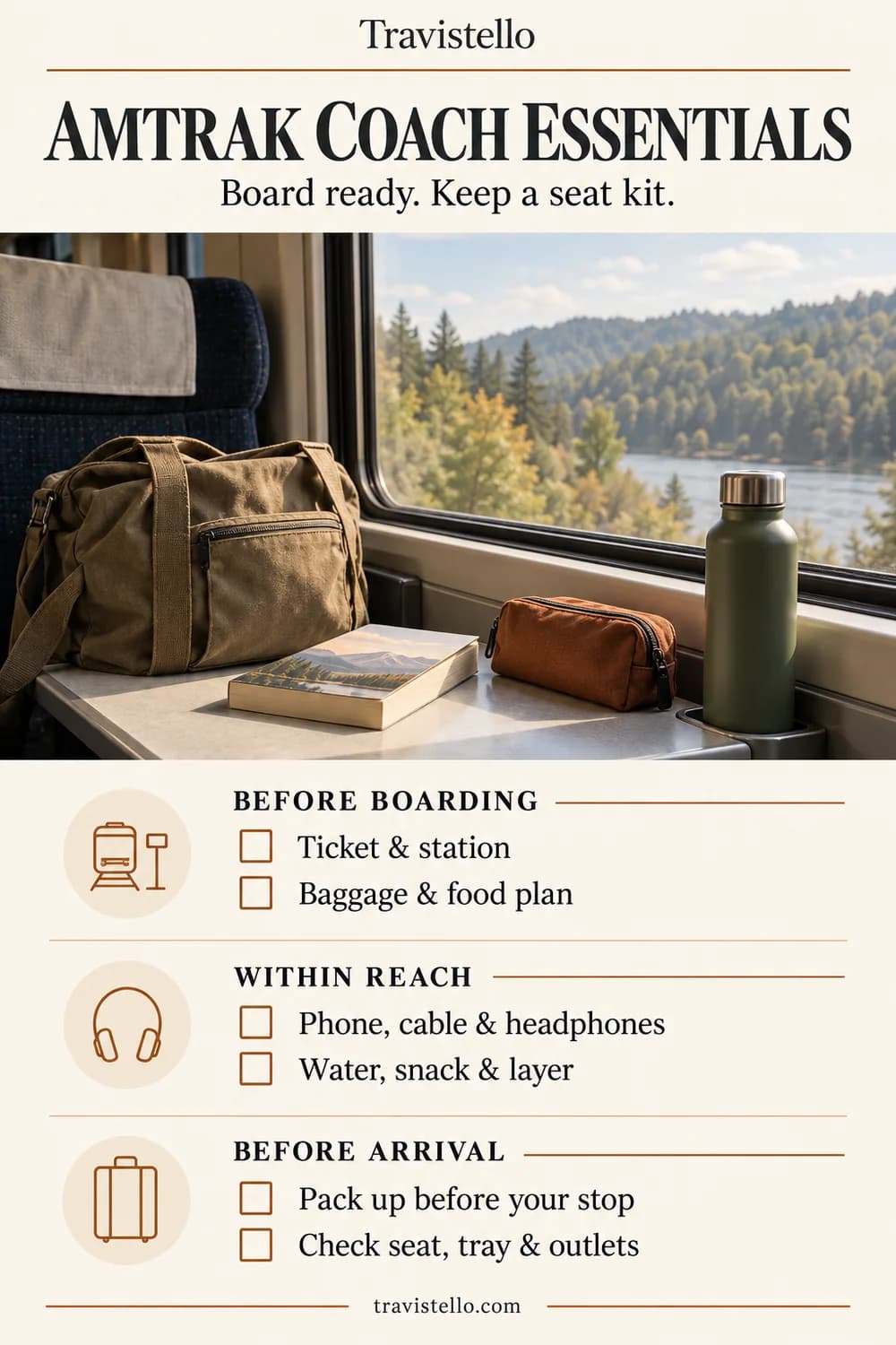 Amtrak coach essentials checklist grouped into before boarding, within reach and before arrival