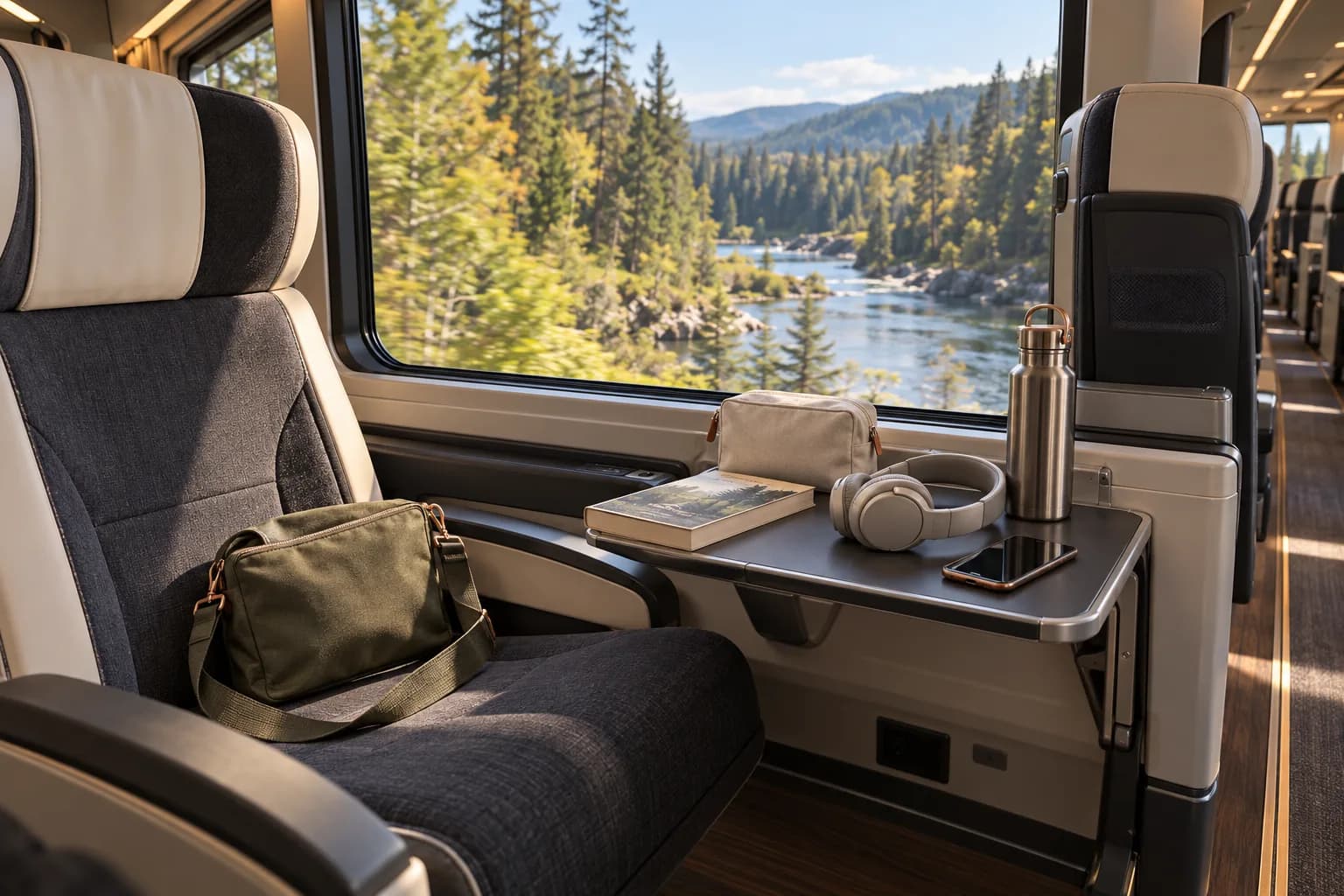 Conceptual unbranded coach seat with a small day bag, pouch, book, headphones, phone and closed bottle beside a woodland window
