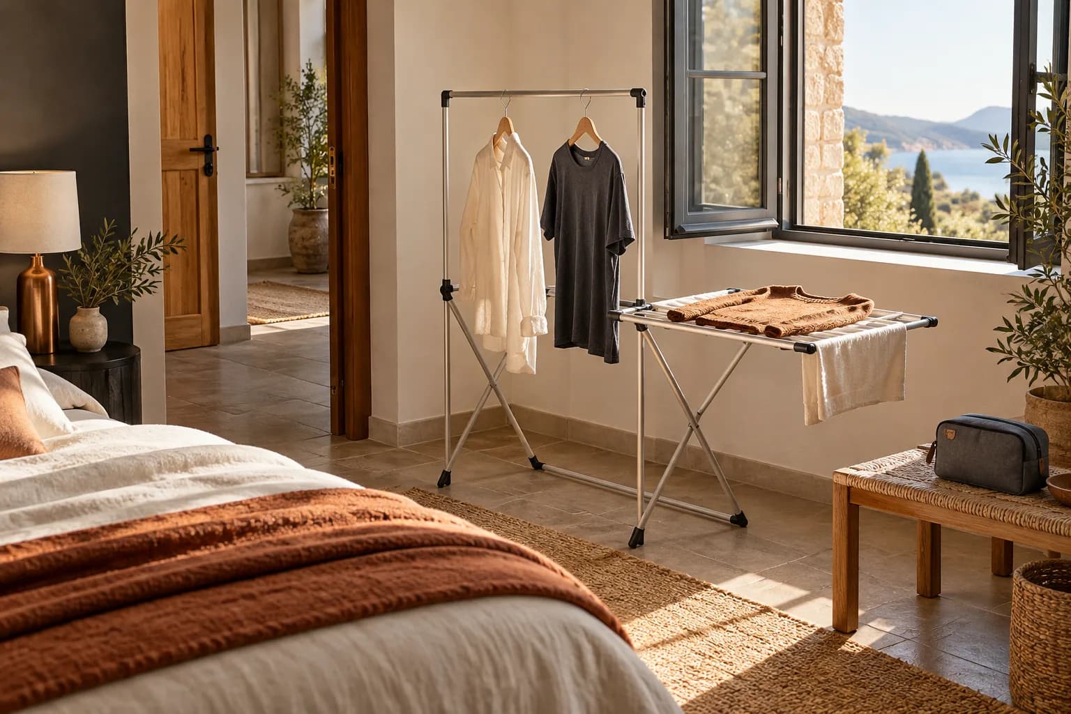 Conceptual accommodation drying rack with spaced hanging clothes and a sweater lying flat on an ordinary towel