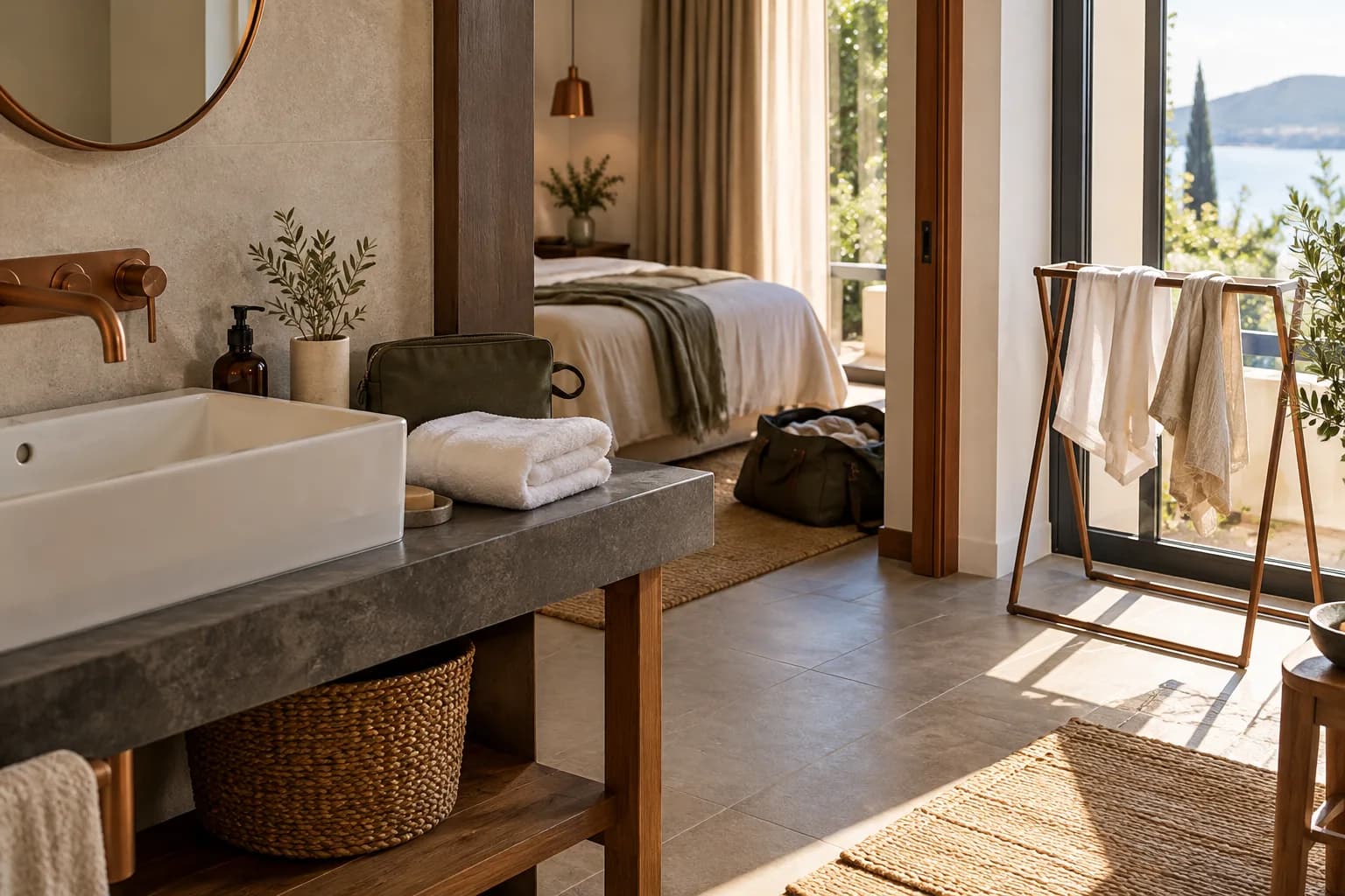 Conceptual guest accommodation with a clean sink, folded ordinary towel, plain laundry pouch and freestanding drying rack near daylight