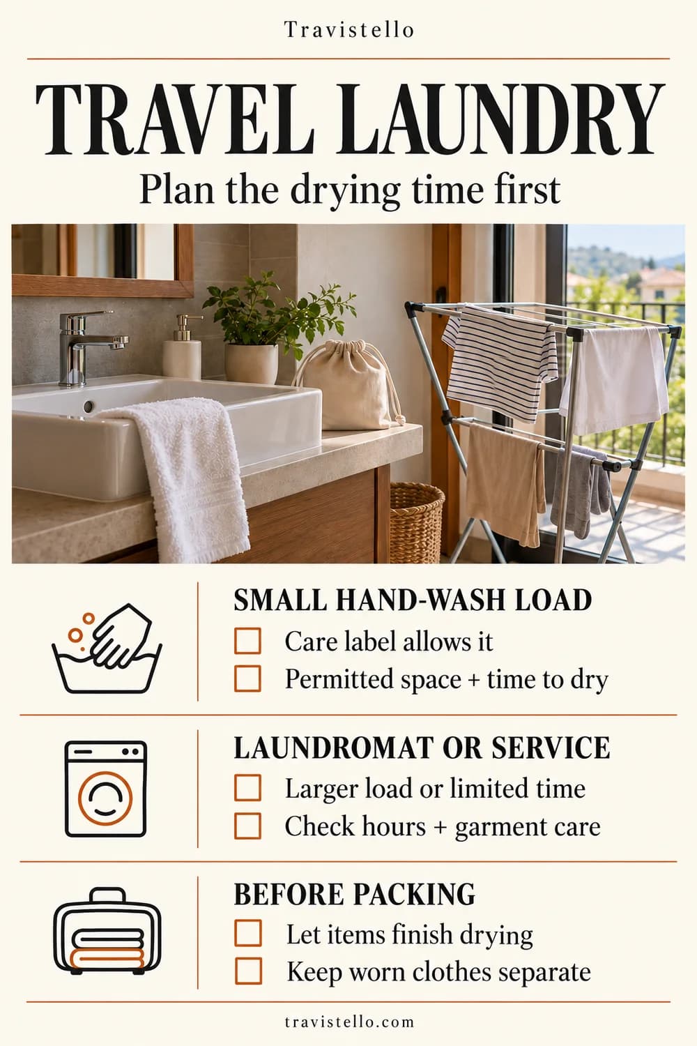 Travel laundry decision checklist for a small hand-wash load, laundry facility and packing after drying