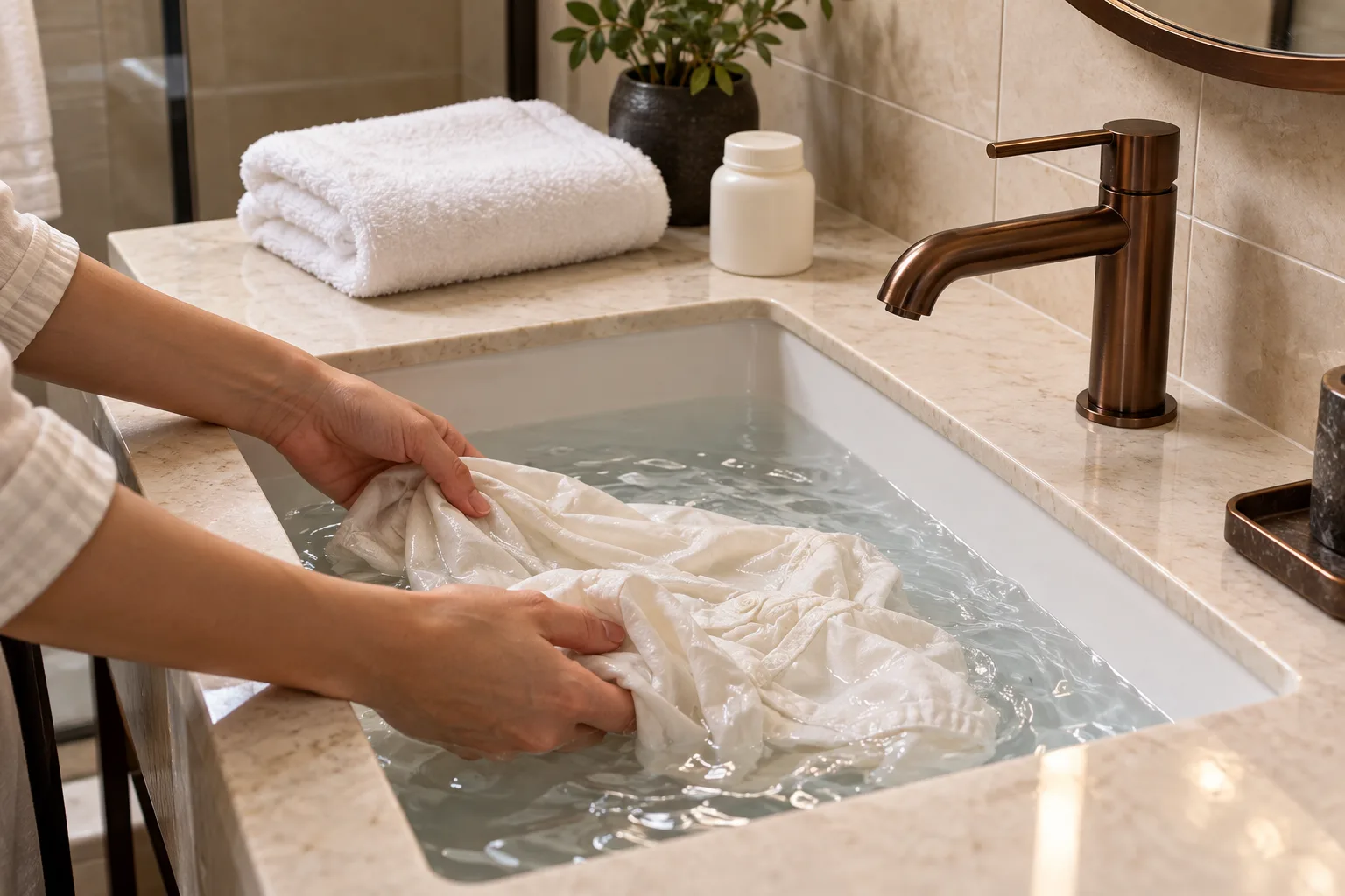 Conceptual washbasin with one light garment handled gently beside an ordinary towel and closed unbranded container
