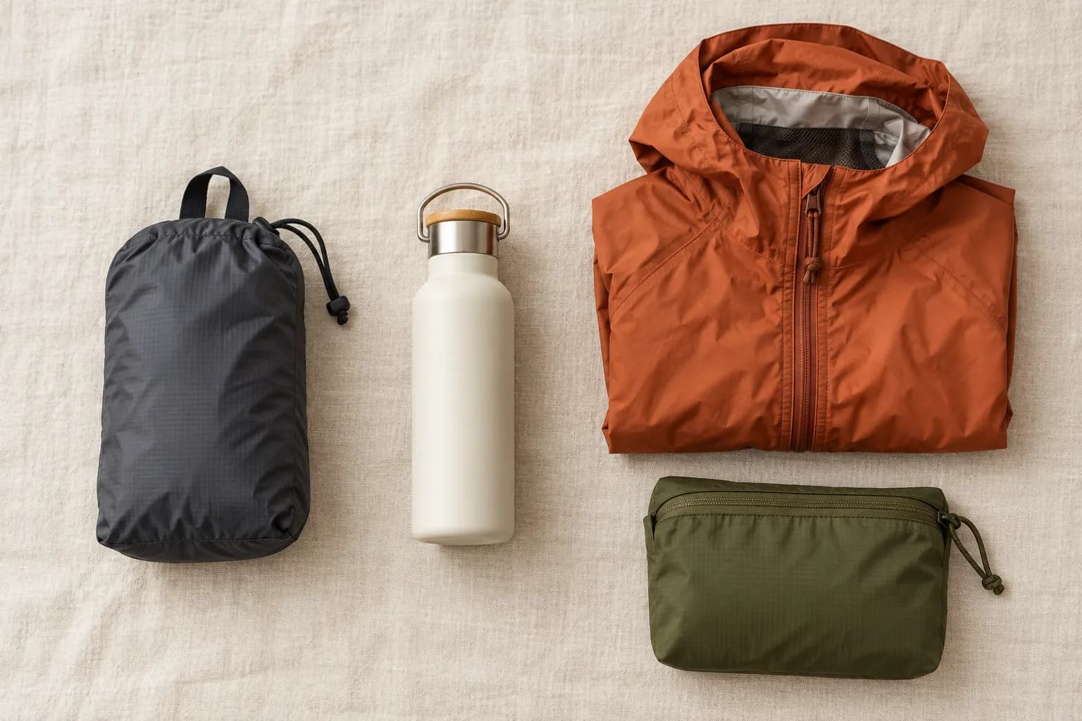 Conceptual light day kit with a plain storage pouch, water bottle and rain shell on cream fabric