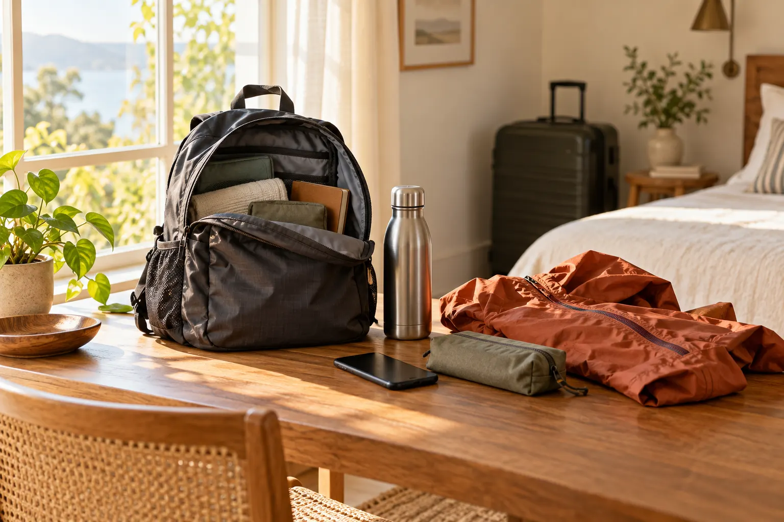 Conceptual guest room desk with a generic charcoal day backpack, water bottle, rain shell and essentials pouch beside a larger suitcase