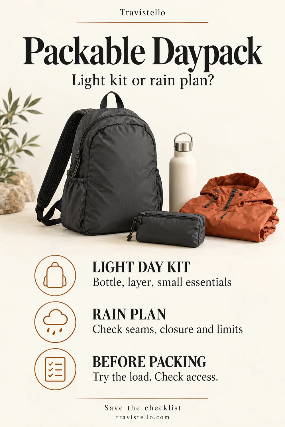Packable daypack checklist for a light day kit, rain plan and final packing check