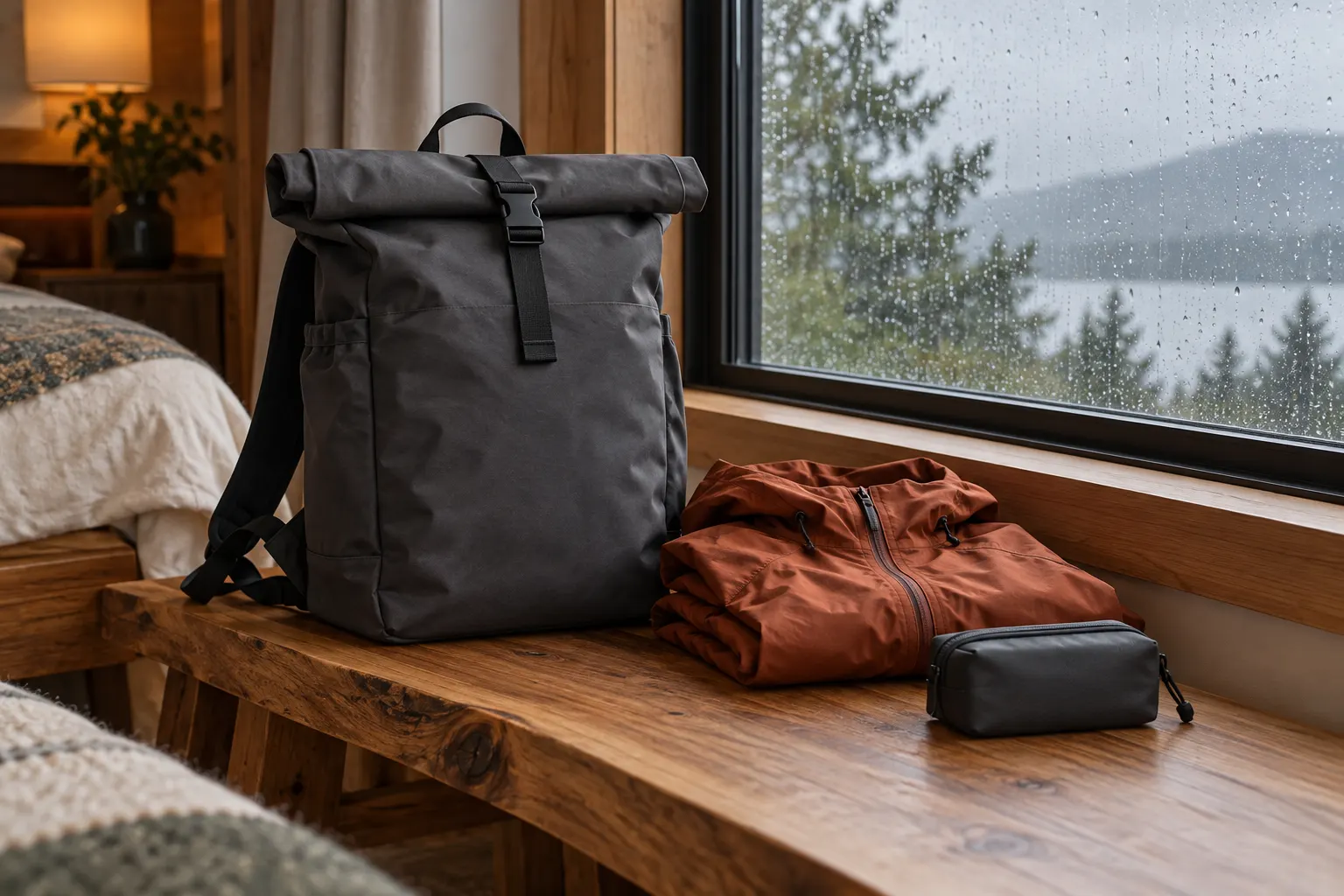 Conceptual closed roll-top bag and rain jacket on a dry bench beside a rain-speckled window
