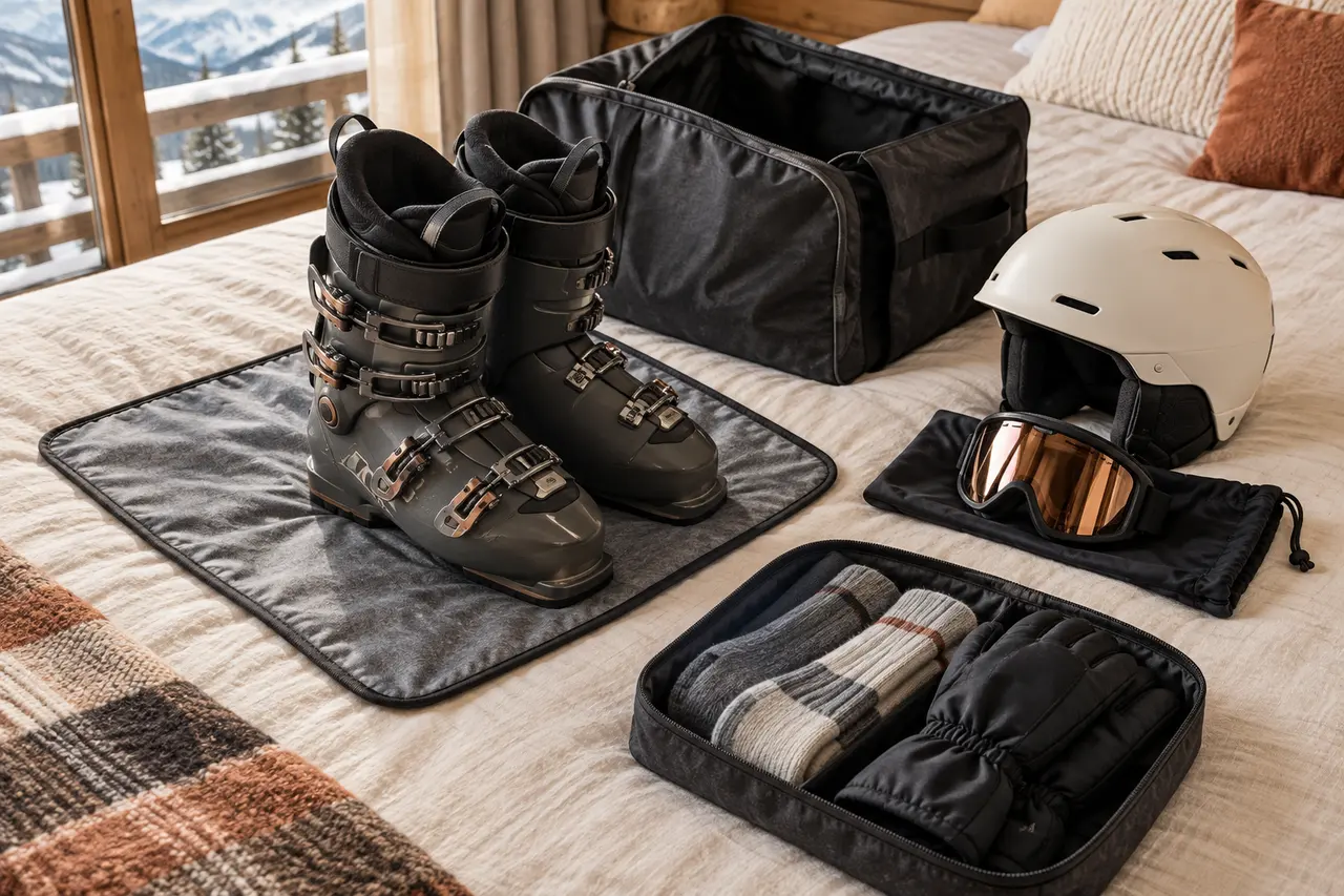Conceptual equipment layout with generic boots on a changing mat, helmet, goggles and a separate clean socks pouch