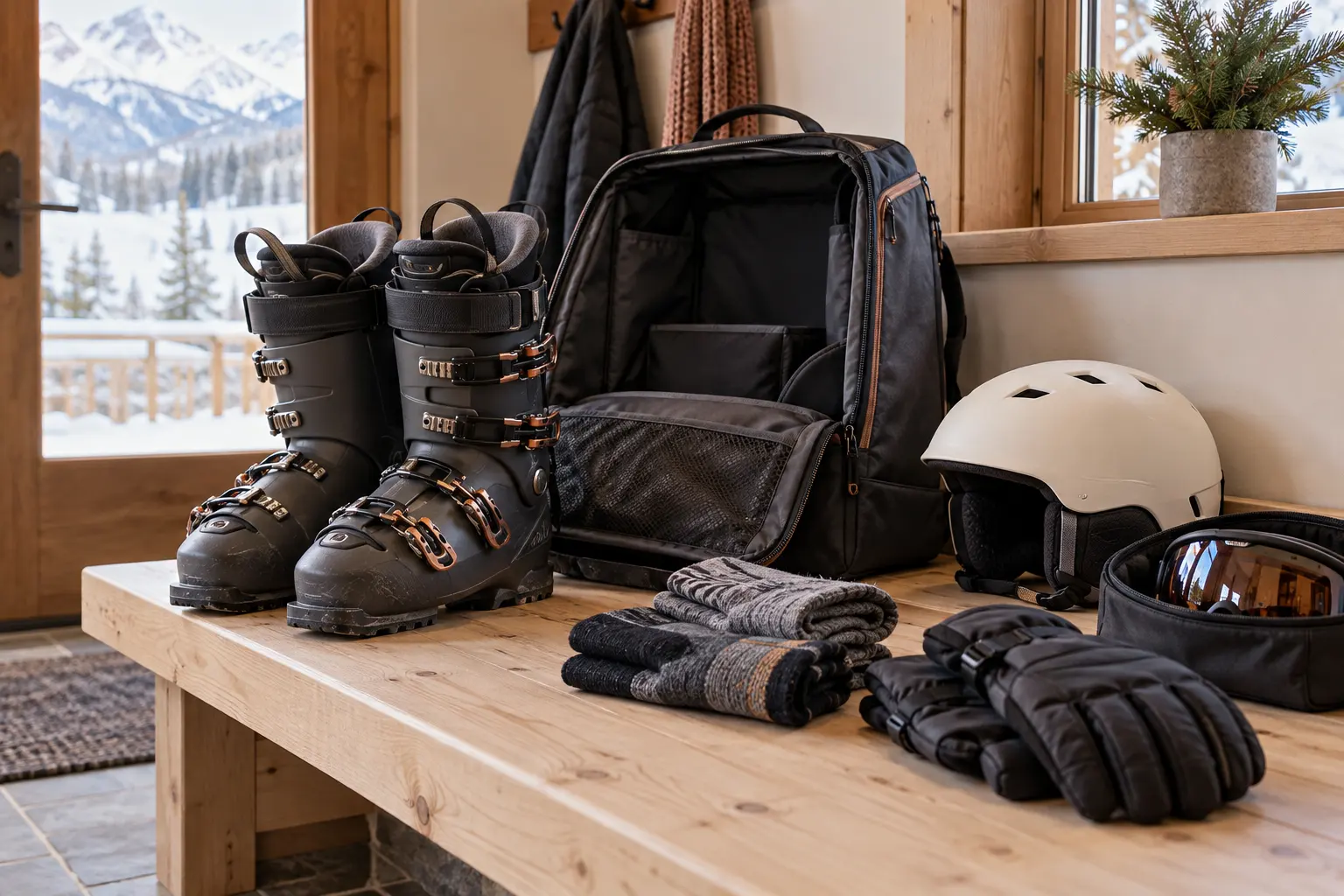 Conceptual ski transport layout with generic charcoal boots, an open boot bag, ivory helmet, goggles, socks and gloves on a lodge bench