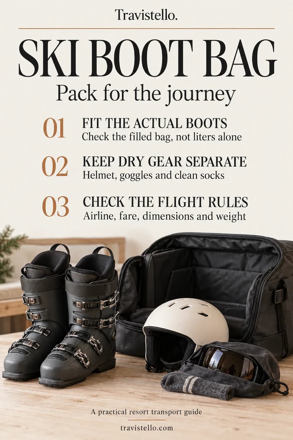 Ski boot bag checklist for actual equipment fit, dry-gear separation and flight rules