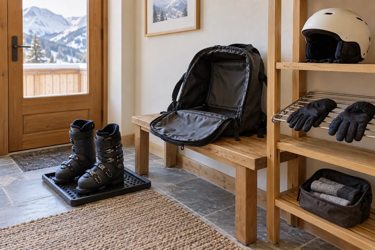 Conceptual lodge entry with boots on a tray, an empty open boot bag, gloves apart and dry equipment on a shelf