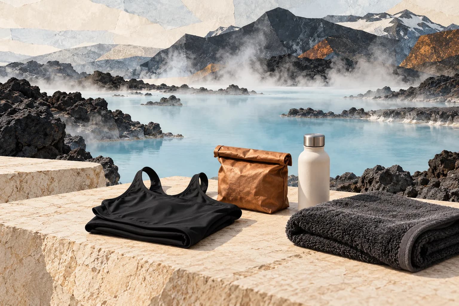 Original conceptual Iceland-inspired thermal-pool illustration with generic swimwear, a pouch, water bottle and towel; no actual venue depicted