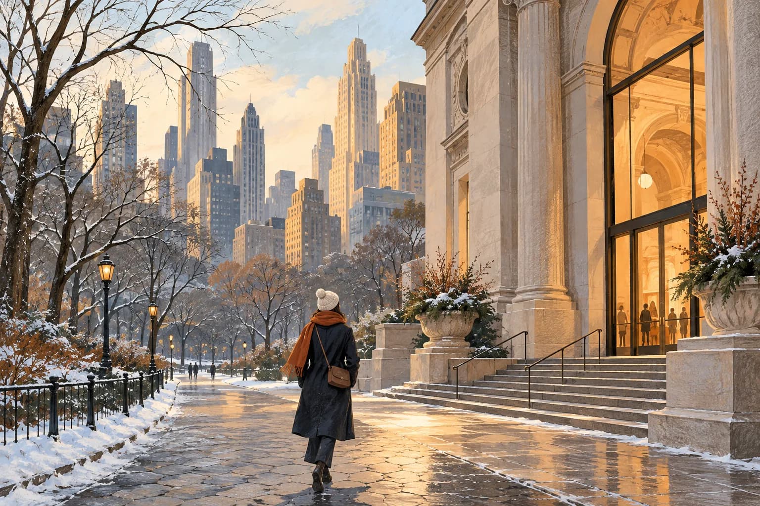 Original conceptual illustration of a winter Manhattan-like street, bare park trees and a warm generic museum entrance; no actual venue depicted