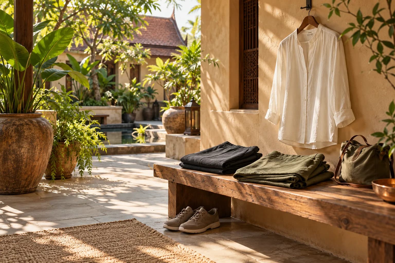 Original conceptual warm-climate courtyard with an opaque long-sleeved shirt, folded loose trousers and long skirt, plain shoes and a generic bag; no actual temple or reviewed product depicted