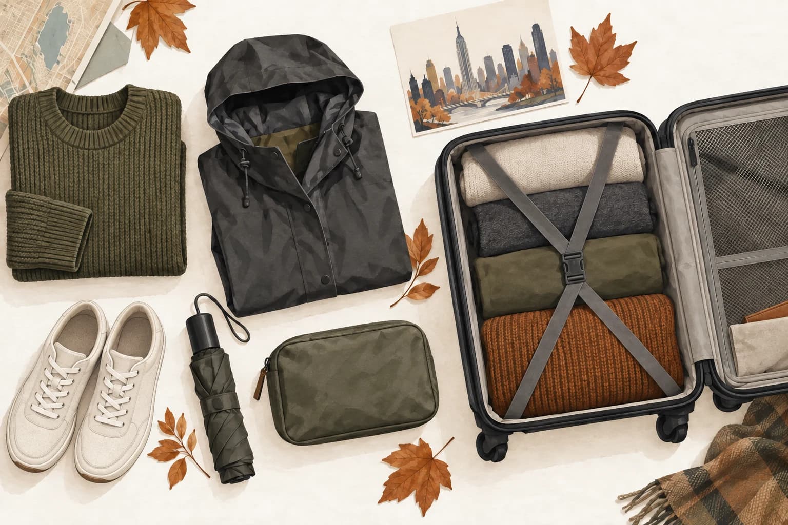 Illustrated sweater, rain jacket, plain sneakers and umbrella arranged beside a packed suitcase and autumn leaves