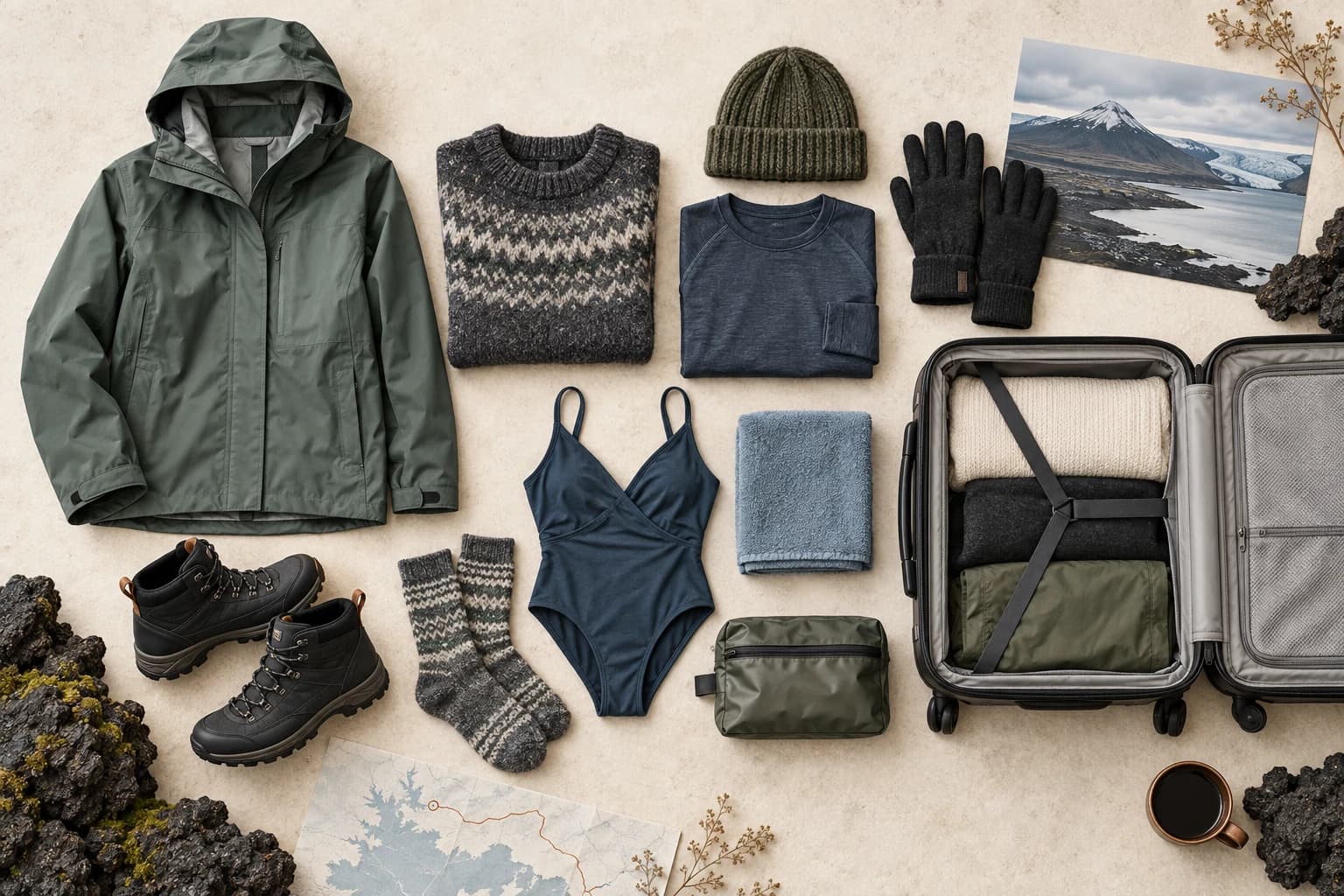 Waterproof shell, wool layers, hat, gloves, boots, swimwear and towel arranged beside an open carry-on with Icelandic landscape details