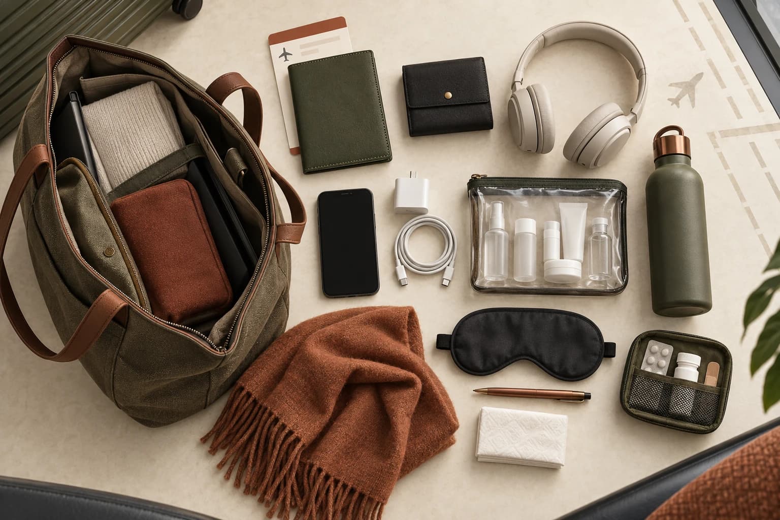 Open personal-item bag beside headphones, phone, charger, clear liquids pouch, empty water bottle, scarf, sleep mask and travel documents