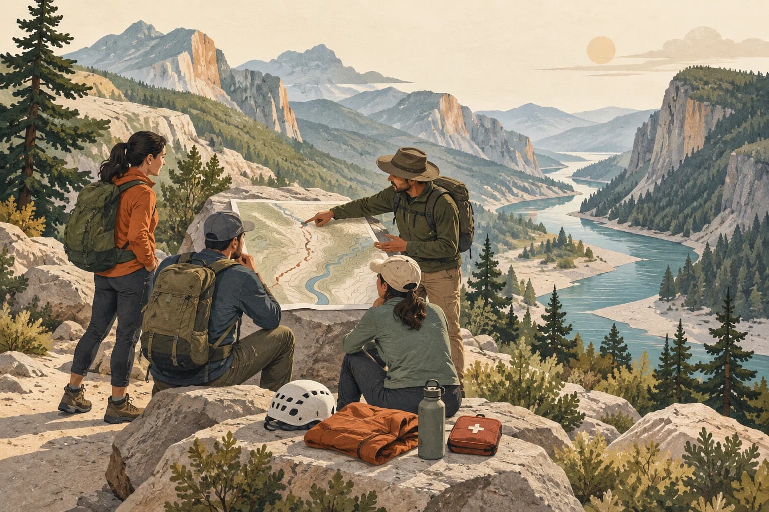 Four travellers reviewing a route map above a mountain river valley with a helmet, rain shell, water bottle and first-aid pouch
