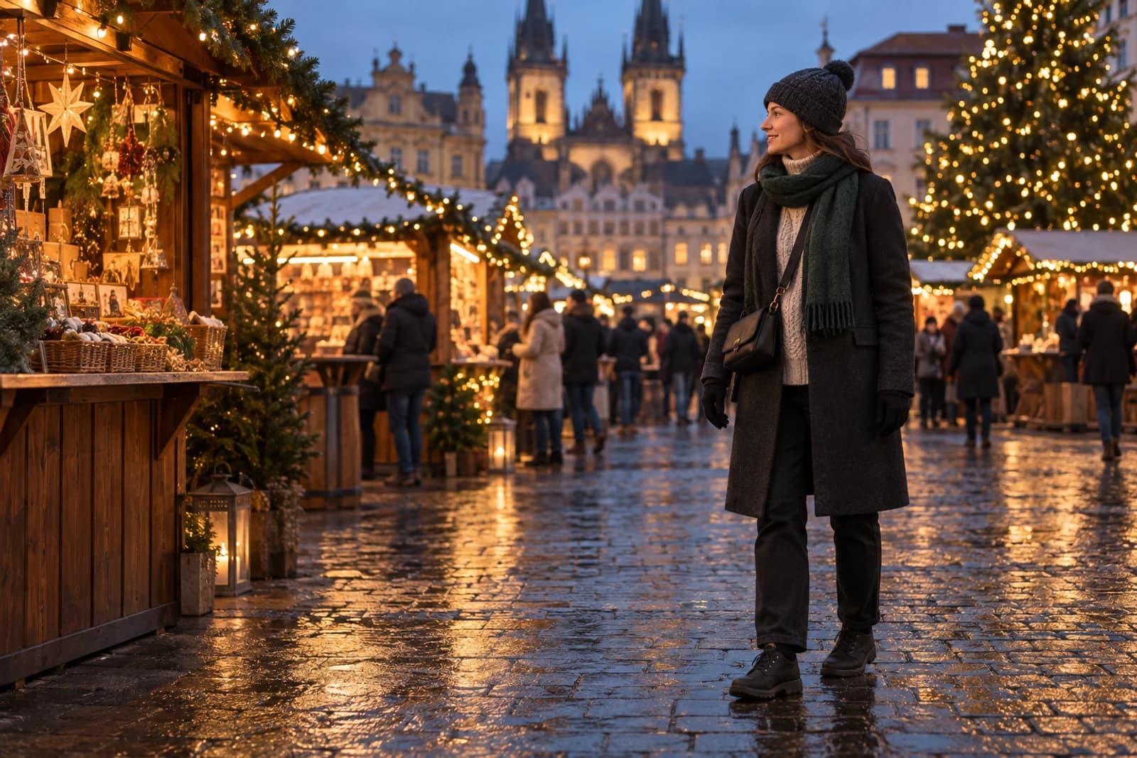 A traveler in a dark winter coat, warm layers, walking boots and a small crossbody bag at a European Christmas market
