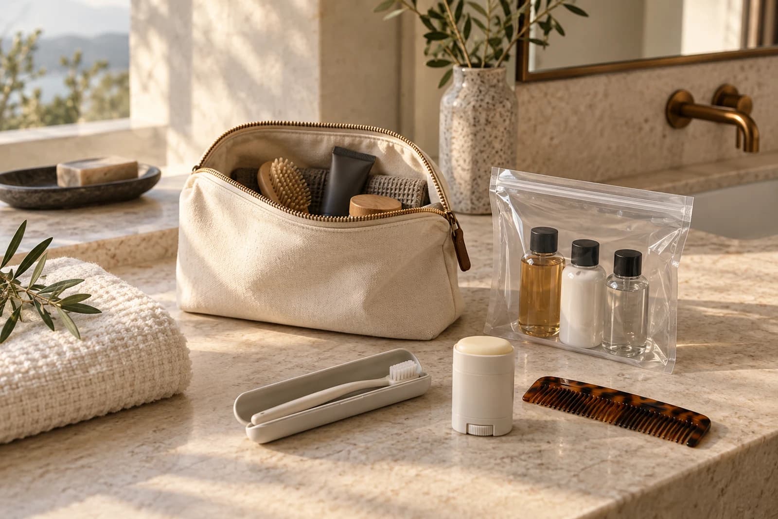 A generic toiletry pouch, separate clear liquids bag, covered toothbrush, solid deodorant and comb arranged on a warm stone bathroom counter