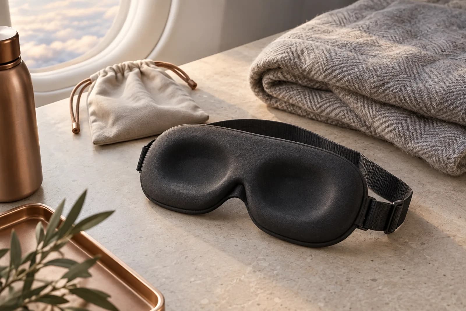 Generic contoured charcoal sleep mask and small fabric pouch on a warm tabletop beside an aircraft window and folded blanket