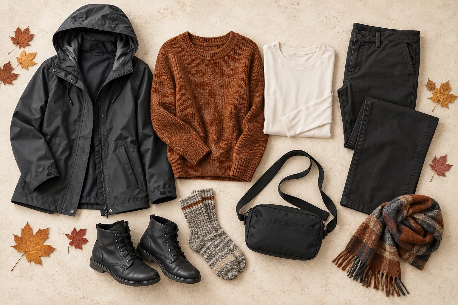 Conceptual autumn walking outfit flat lay with knit layers, hooded rain jacket, dark trousers, walking boots, socks and a small unbranded bag