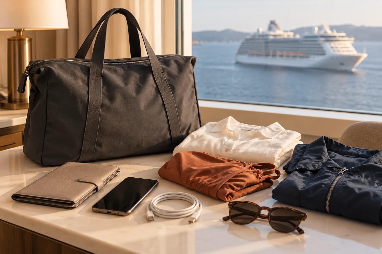 Conceptual cruise boarding-day packing scene with a generic charcoal day bag, document wallet, phone, cable and folded first-day clothes