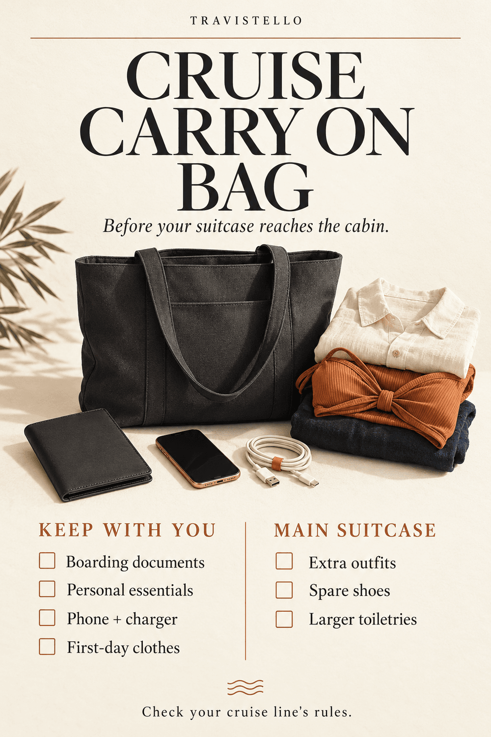 Cruise carry on bag checklist separating boarding-day essentials from main-suitcase extras