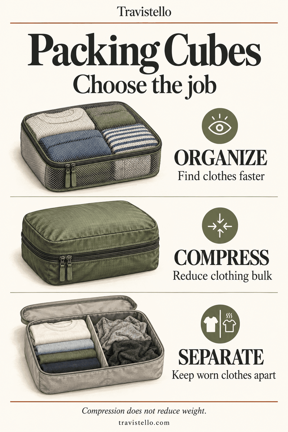 Packing cubes decision graphic showing organization, compression and clean/dirty separation