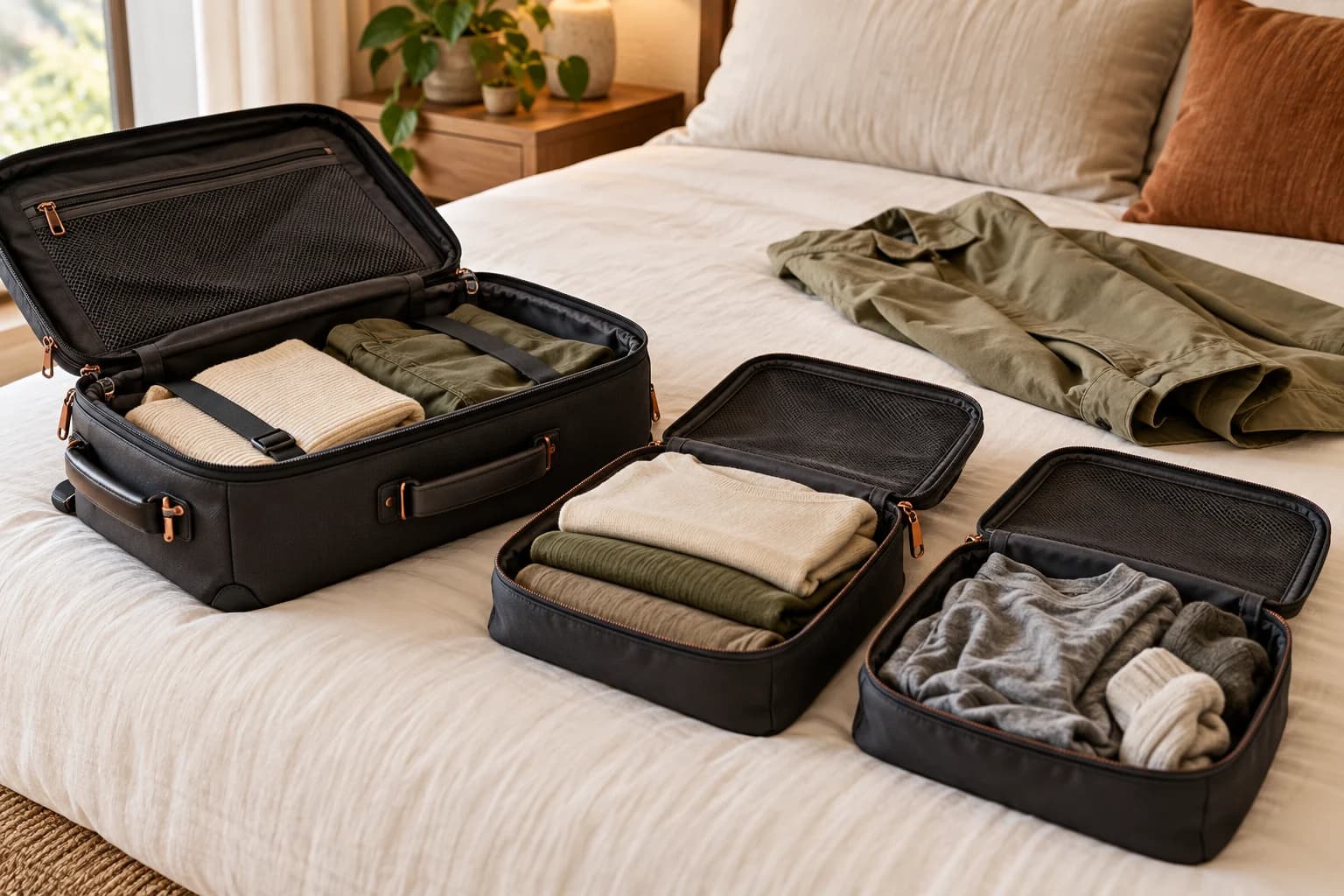 Conceptual hotel-bed packing layout with clean folded clothing and worn clothing in separate generic pouches