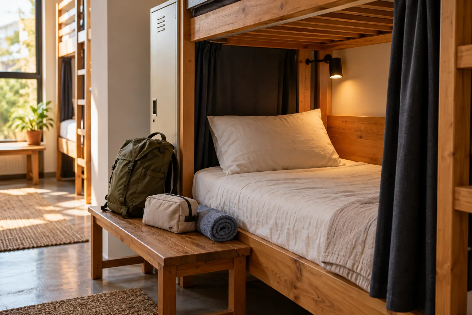Conceptual shared hostel dorm with an empty cream-lined lower bunk, reading lamp, small olive backpack, toiletry pouch and rolled towel on a bench