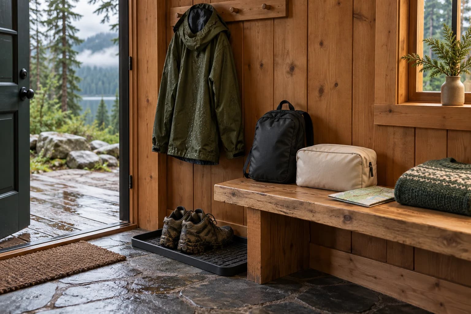 Conceptual cabin entry with a damp jacket on a hook, muddy shoes on a tray, and a dry daypack, pouch, map and sweater on the bench