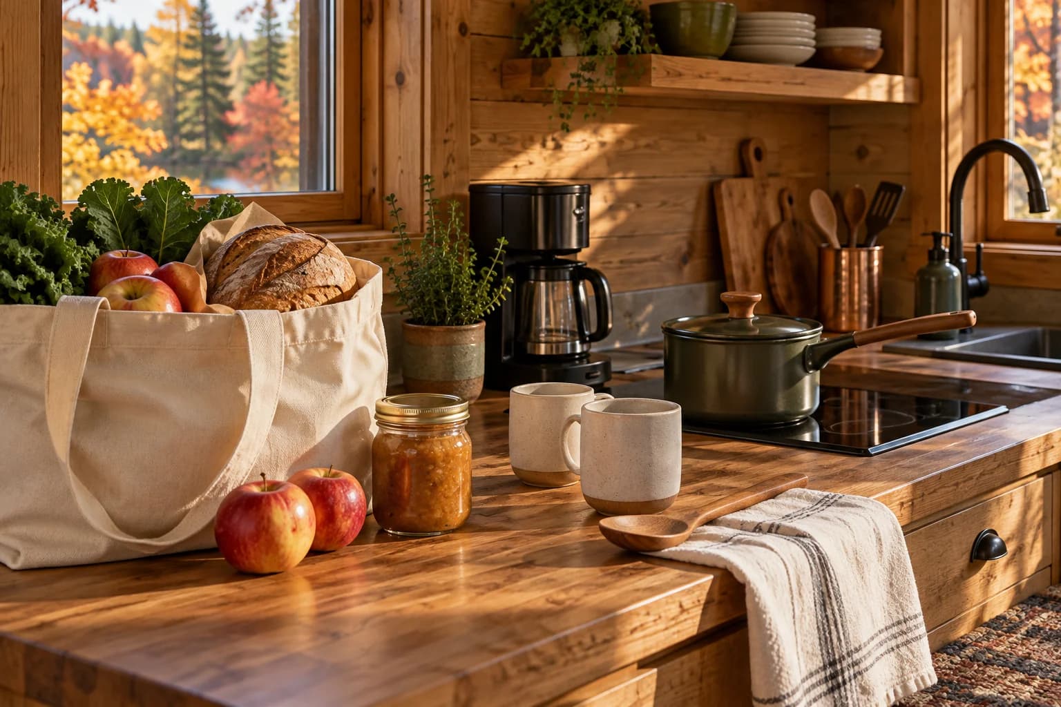 Conceptual wood cabin kitchen counter with modest groceries, two mugs, saucepan, coffee maker and dish towel