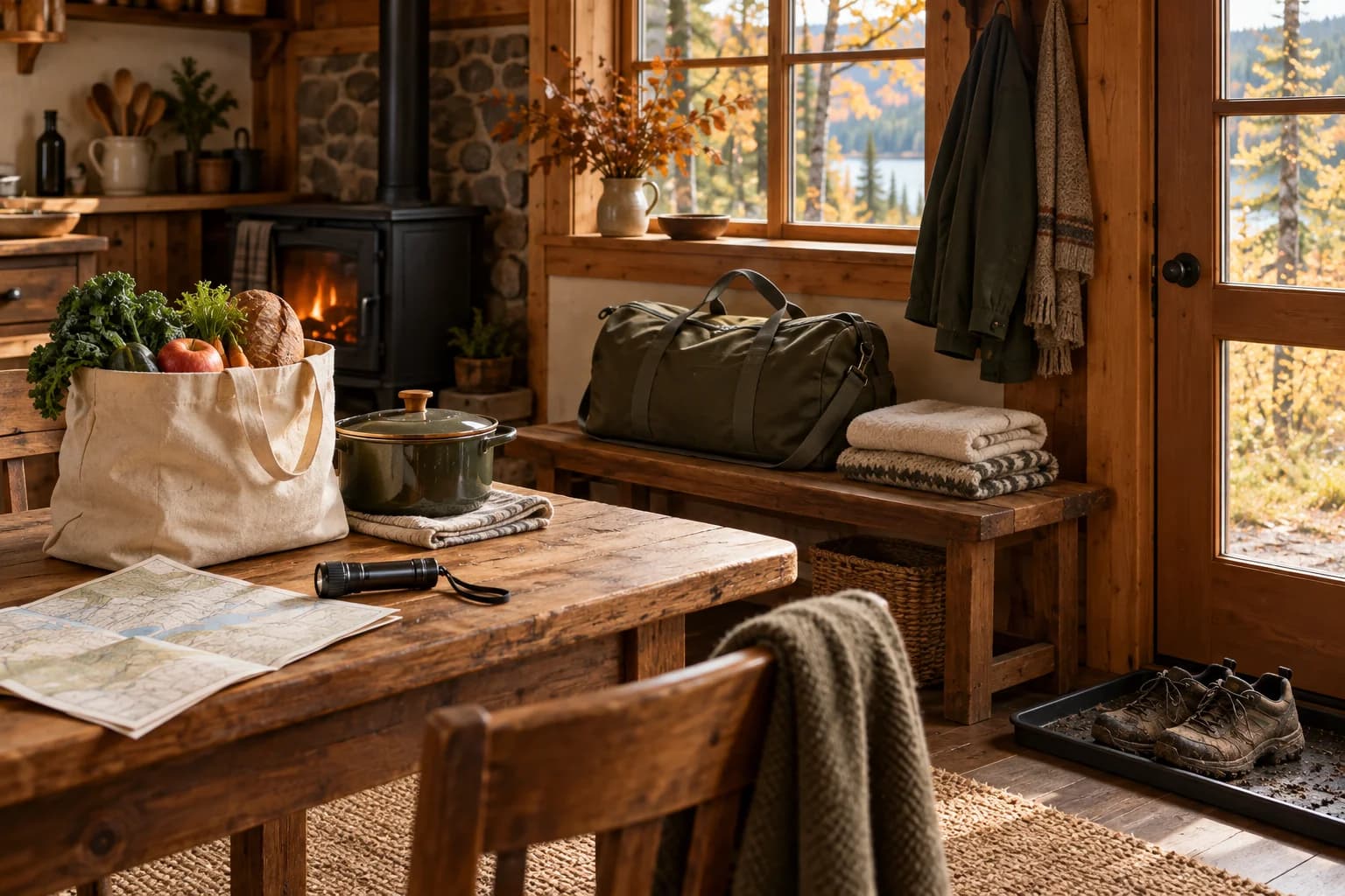 Conceptual cabin kitchen and entry with a plain weekender bag, folded towels, groceries, saucepan, map and muddy shoes on a boot tray