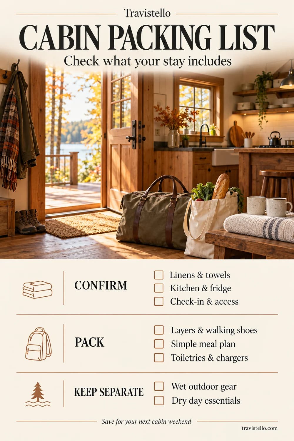 Cabin packing checklist for confirming the booking, packing a weekend kit and separating wet gear