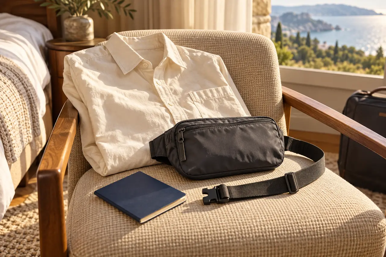 Conceptual cream shirt, generic waist pouch with adjustable buckle strap and blank navy booklet on a guest-room chair