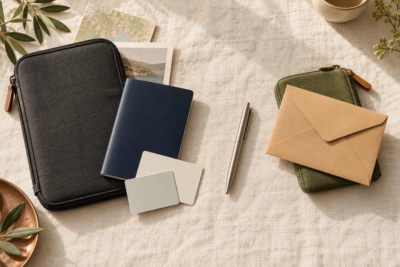 Conceptual flat lay with a generic document wallet and blank booklet separated from an envelope on a different pouch