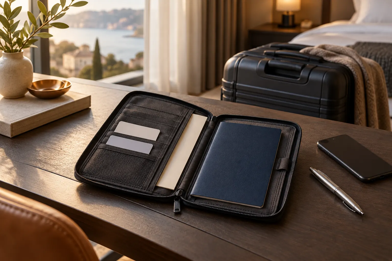Conceptual guest-room desk with an open generic charcoal document wallet, blank navy booklet and cards, pen and face-down phone beside luggage
