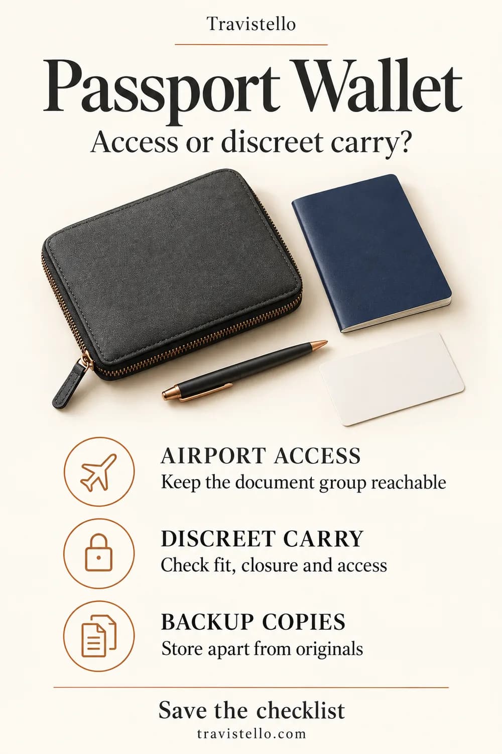 Passport wallet checklist for airport access, discreet carry and storing backup copies apart from originals