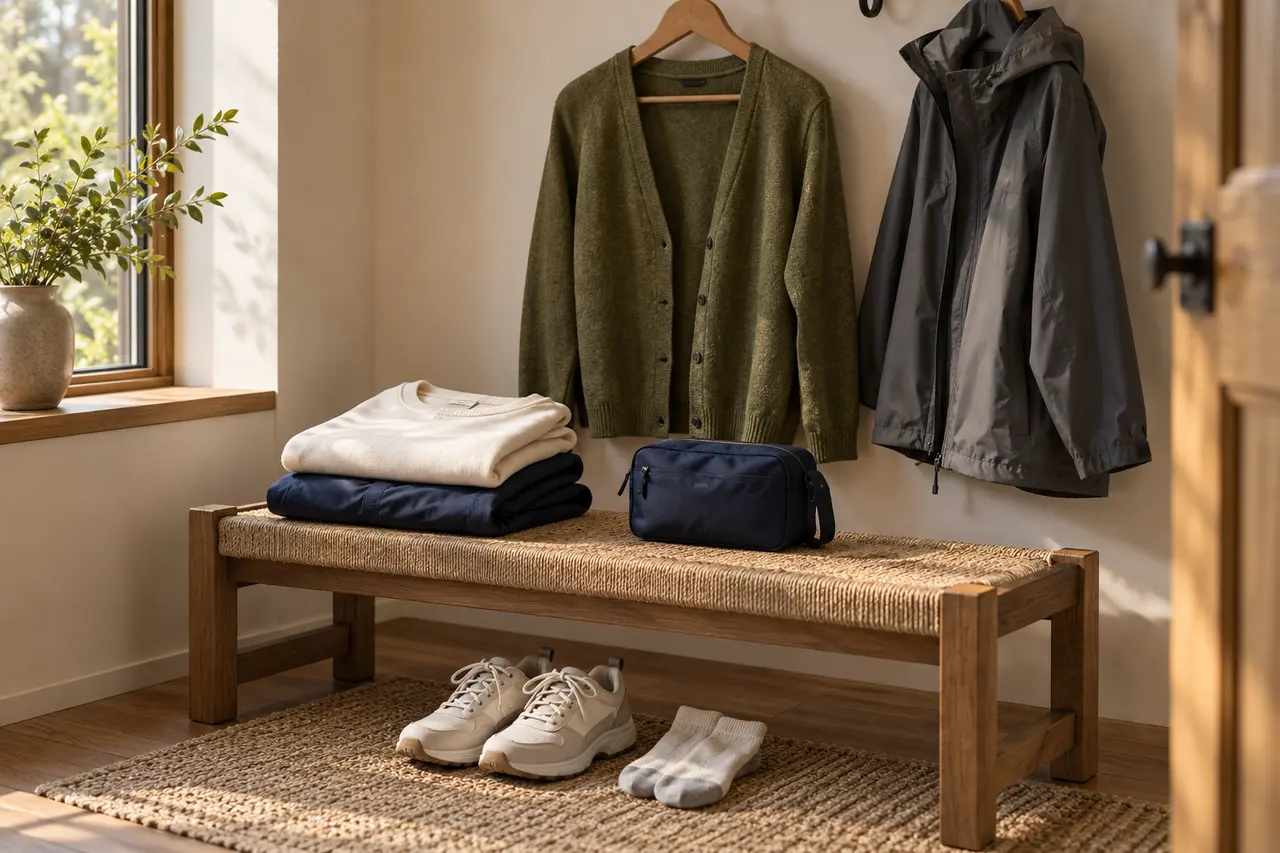Conceptual outfit layers with ivory top and navy trousers, olive cardigan, separate rain shell and walking shoes with socks